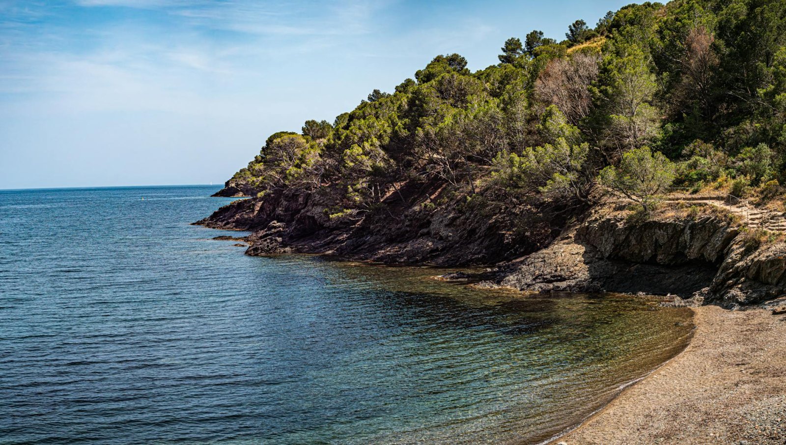 Breathtaking coastal view in Roses, Catalunya with lush greenery and rocky shoreline.