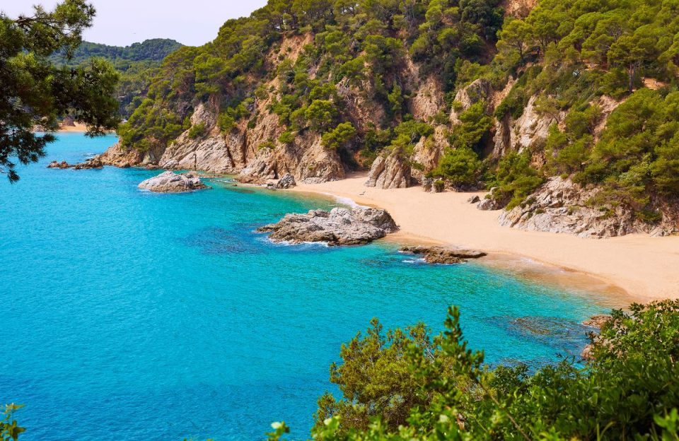 Sa Boadella cove with fine sand and turquoise water below Santa Clotilde